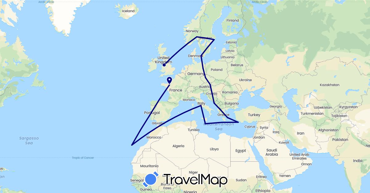 TravelMap itinerary: driving in Austria, Czech Republic, Germany, Denmark, Spain, France, United Kingdom, Greece, Croatia, Italy, Malta, Norway, Portugal, Sweden (Europe)