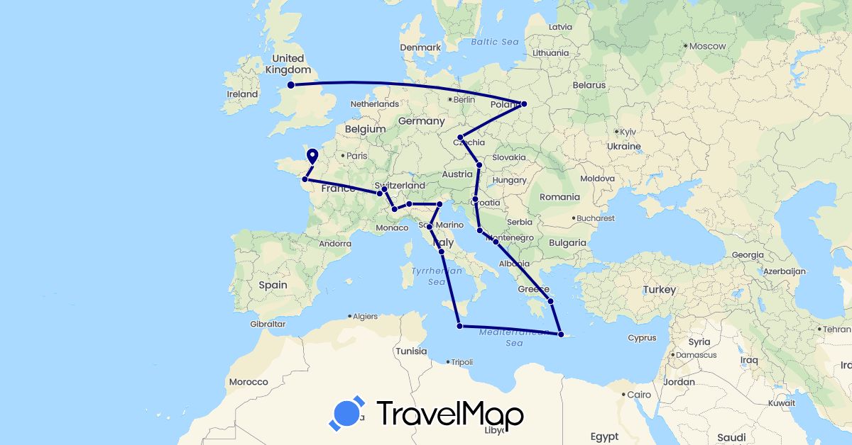 TravelMap itinerary: driving in Austria, Switzerland, Czech Republic, France, United Kingdom, Greece, Croatia, Italy, Malta, Poland (Europe)